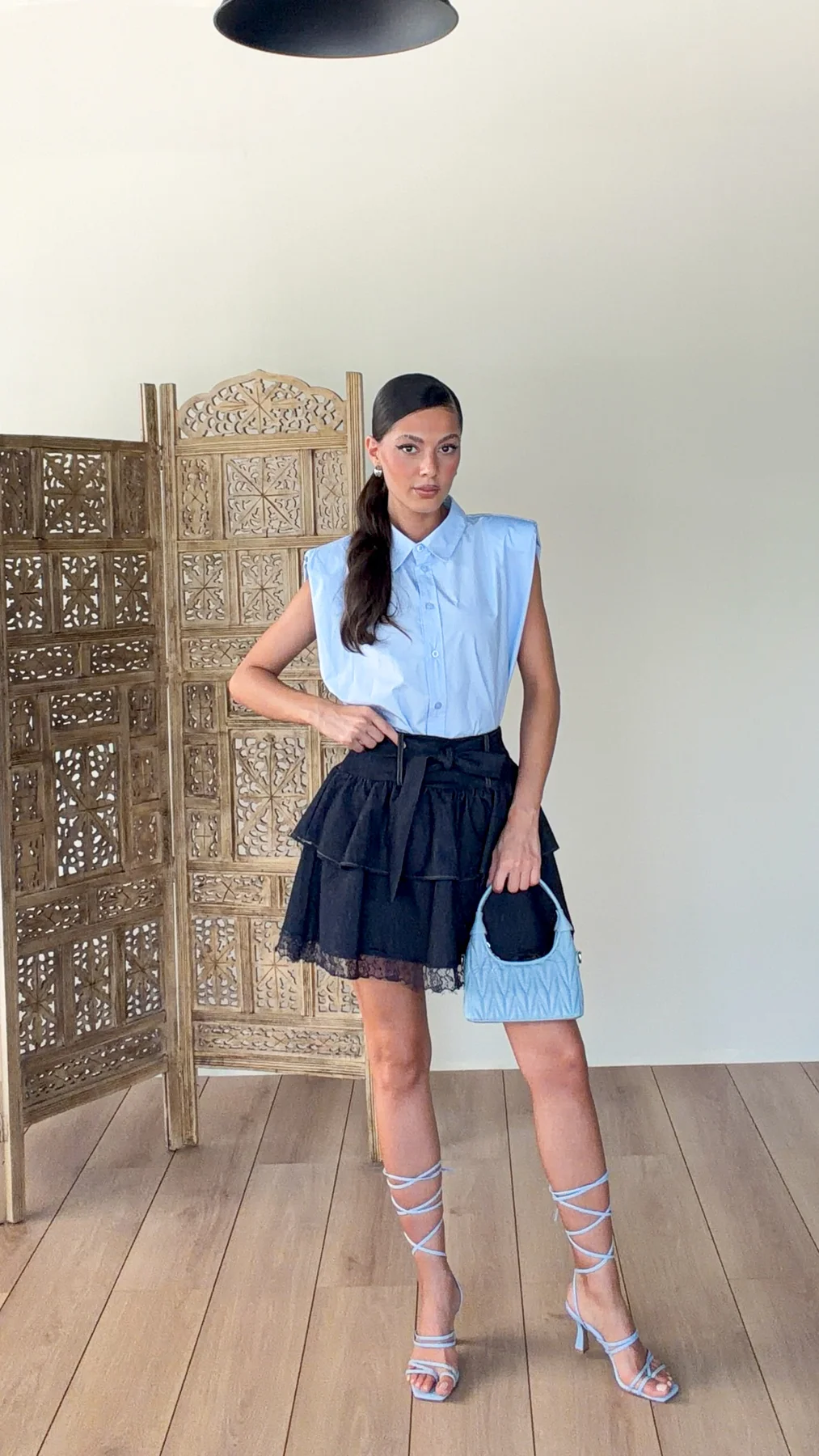 Katlı Kemerli Denim Etek